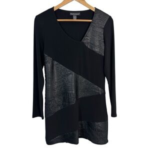 Frank Lyman Long Sleeve Tunic Top Sz 8 Black Faux Leather Accent Stretch NWOT